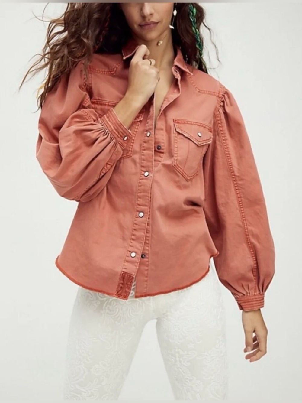 FREE PEOPLE We The Free “With Love” Denim Shirt in Coral Rose Red